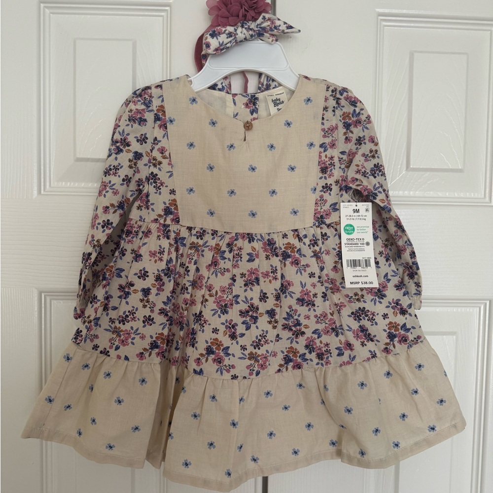 Floral Long Sleeve Dress with Hair Accessory